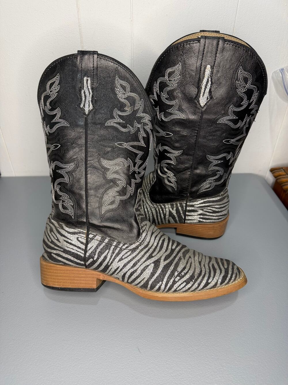 Roper Women Zebra Glitter Cowgirl Boots 8 Black Silver Square Toe Rodeo Western